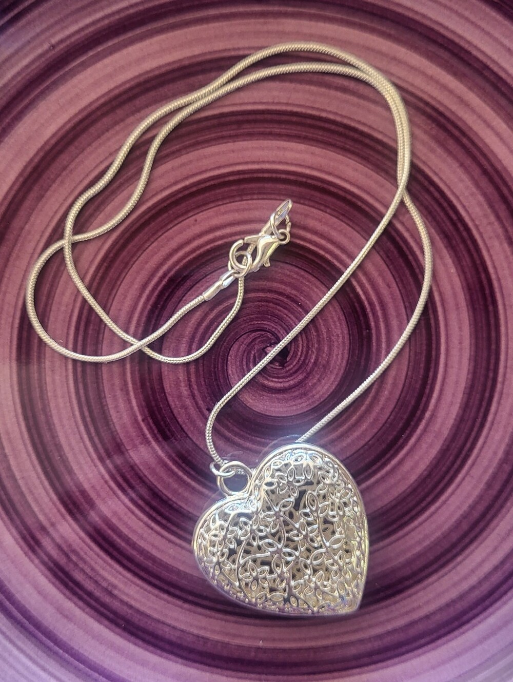 silver-tone filigree puffy heart necklace floral snake chain
